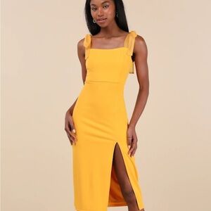 Lulus Romantic Celebration Yellow Tie-Strap Bodycon Midi Dress